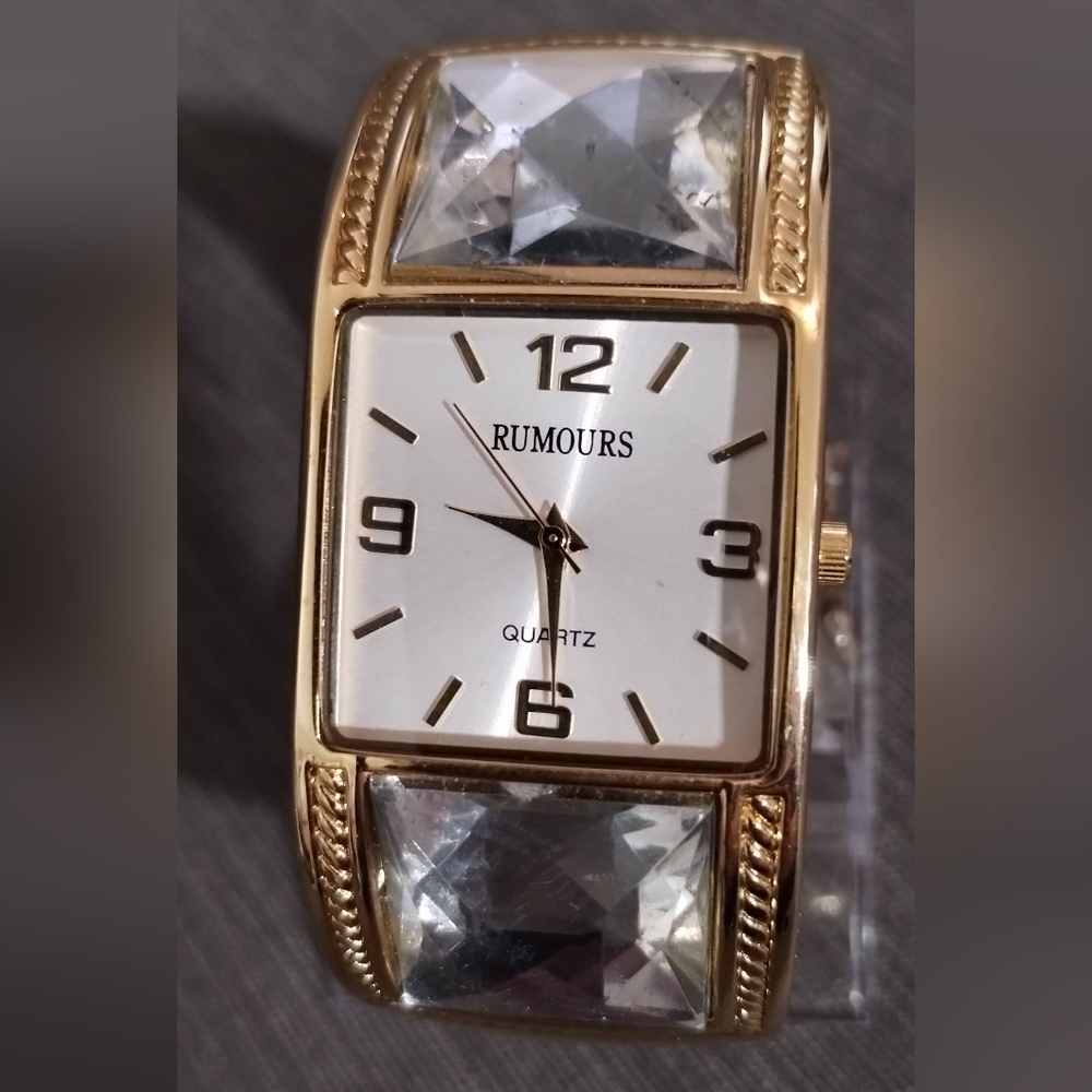 Rumours Bangle Bracelet Quartz Watch Hinge Open/Close & Large Square Rhinestones - Picture 3 of 13